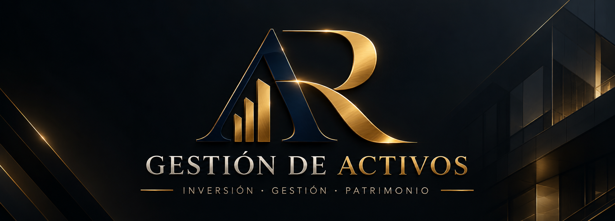 Identidad corporativa AR Gestión de Activos, monograma azul noche y dorado sobre arquitectura oscura